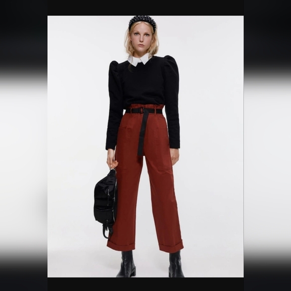 Zara High Waisted Utility Pants Size Medium Dark Red - Picture 1 of 9